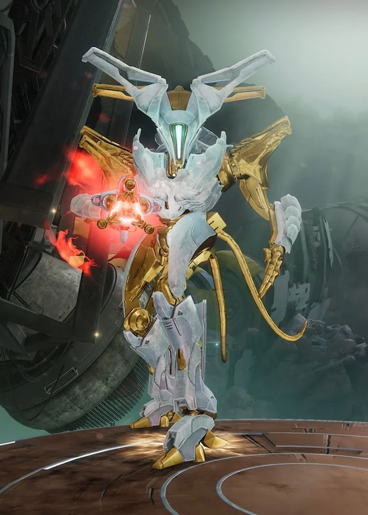 Agraios, a towering white-and-gold Vex Hobgoblin, aims its Line Rifle.
