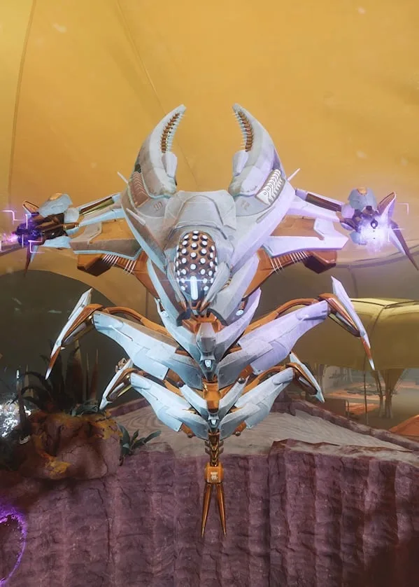 Epoptes, a white Vex Hydra, faces forward with its many shield eyes visible.