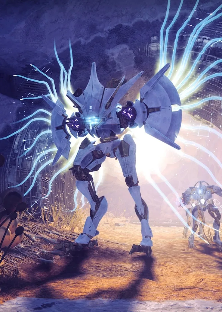 Iatros, a white Vex Wyvern, stands inside a bright arc of energy.