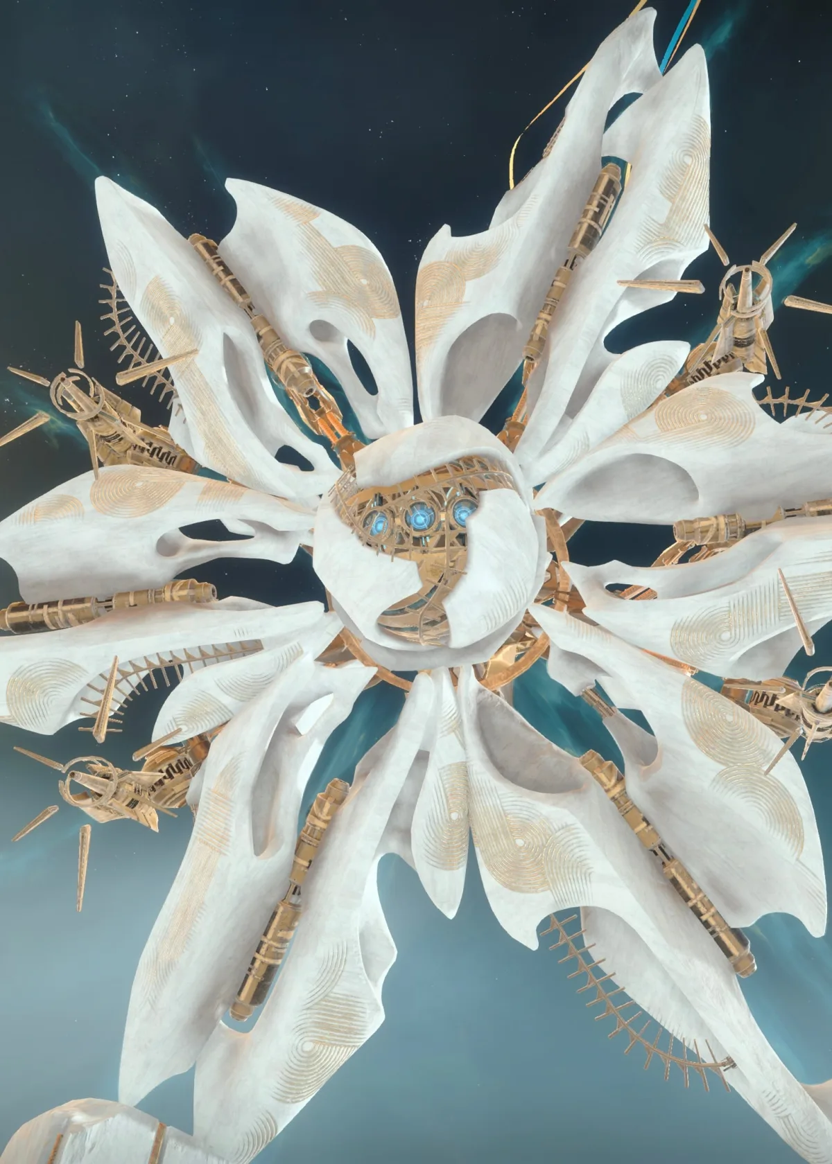 Koregos, a colossal white-and-gold Vex Harpy, spreads its petal-like chassis.