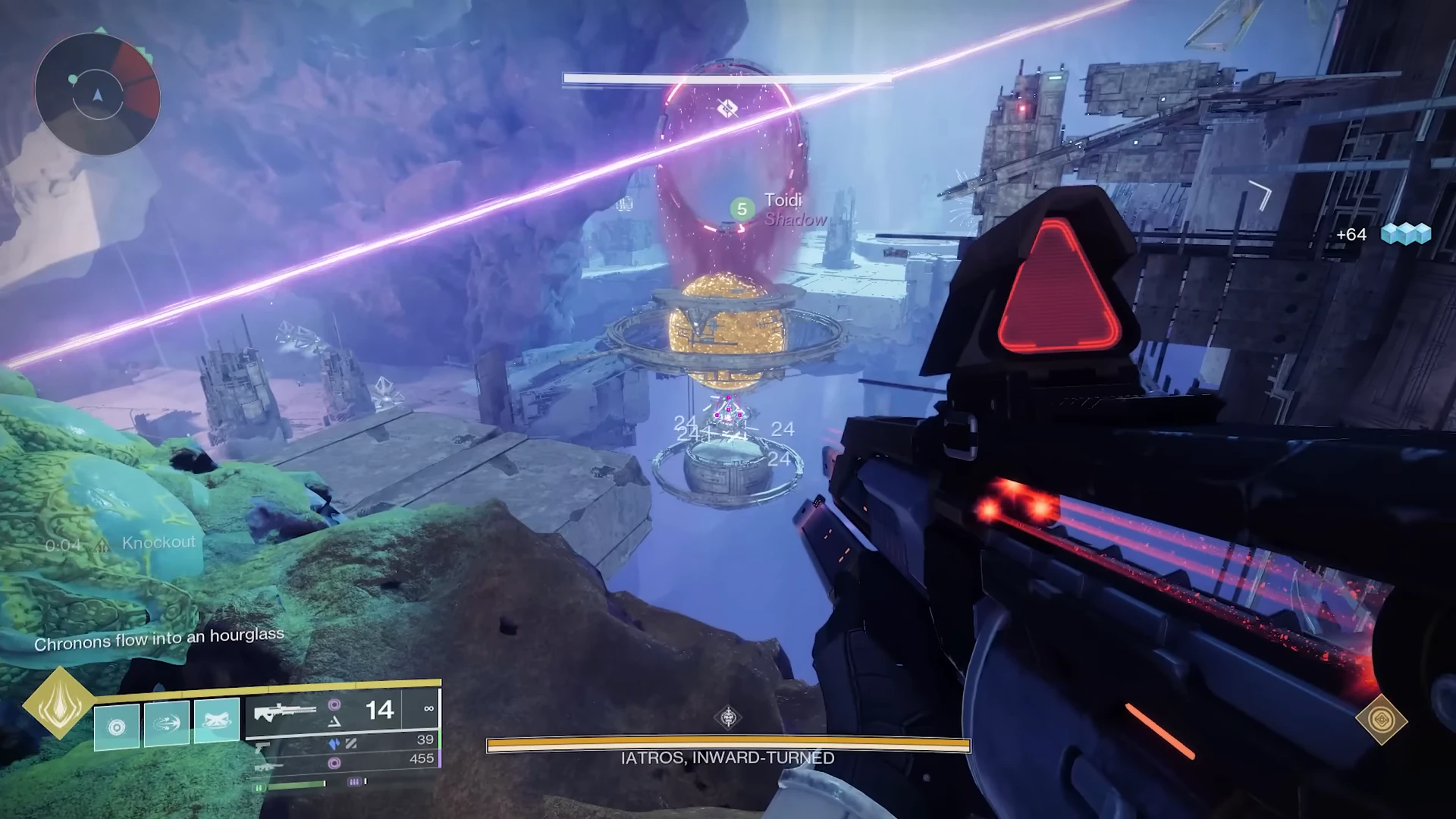 The gold Iatros hourglass with a small white Vex diamond directly beneath it.
