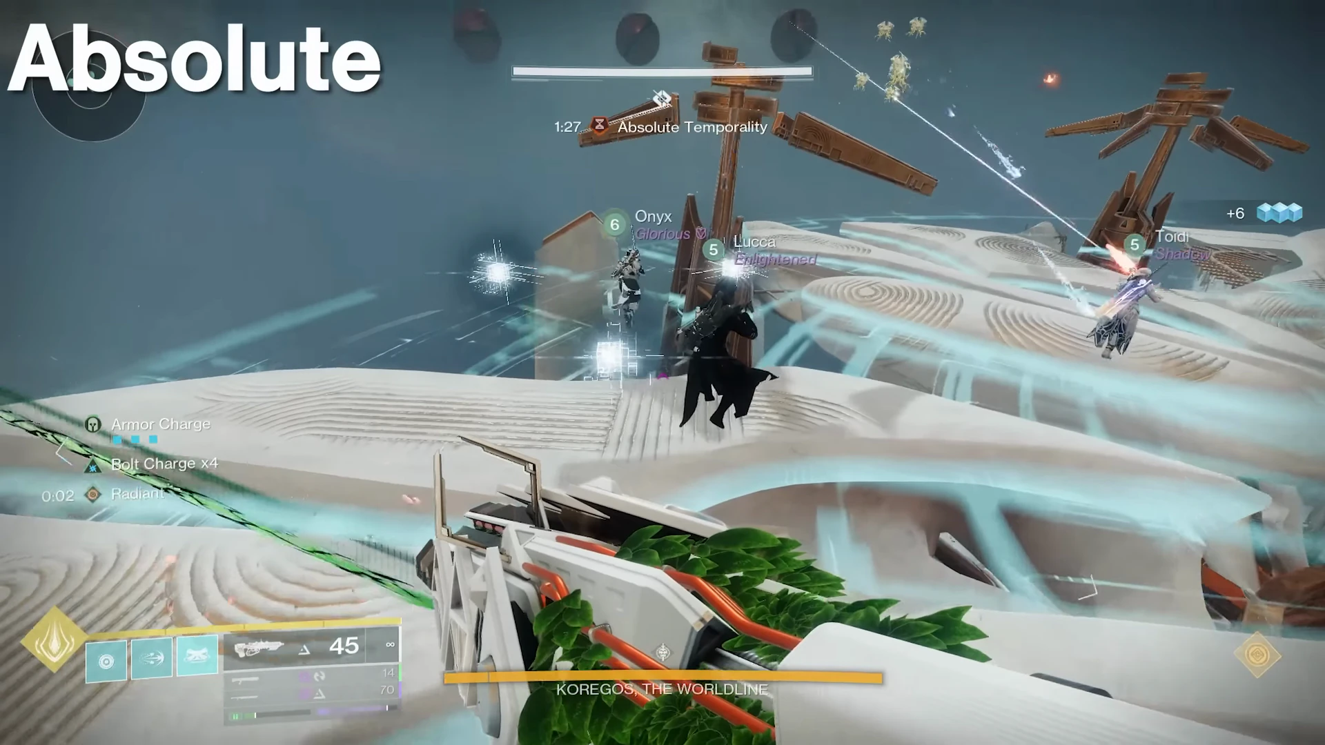 Small white wireframe Vex cubes floating beside a totem on the Koregos platform.