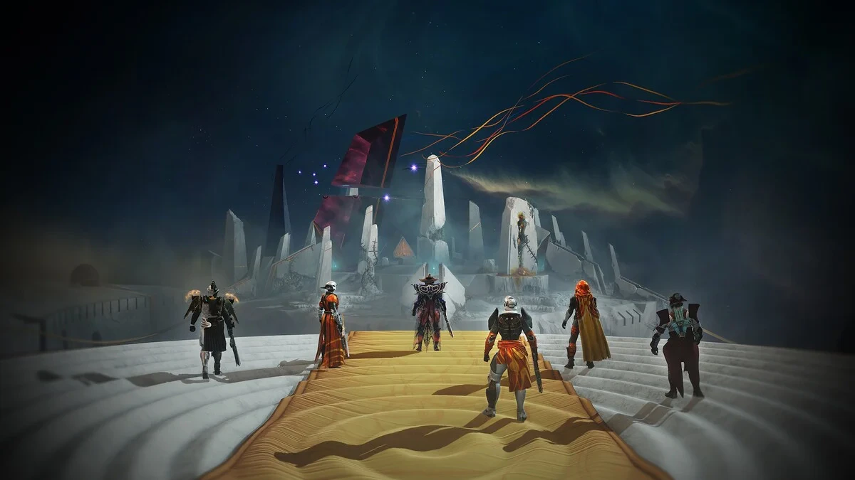 Six Guardians walk a gold path toward the white architecture of the Desert Perpetual.