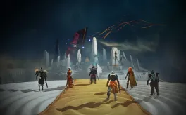 Six Guardians walk a gold path toward the white architecture of the Desert Perpetual.